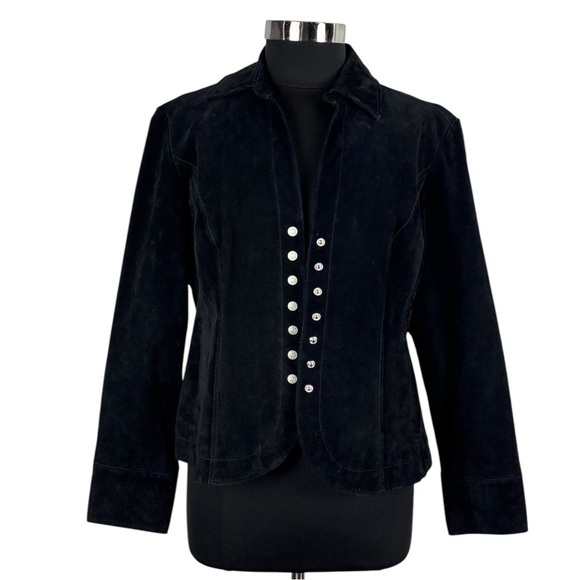 DRESSBARN Y2K BLACK SUEDE FITTED SNAP FRONT TAILORED LEATHER JACKET - Picture 4 of 15